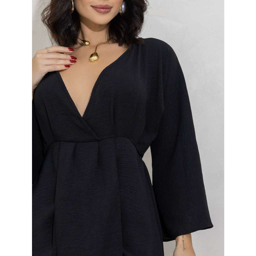 Vestido Curto Manga Longa Flare Decote V Soltinho Duna Verão