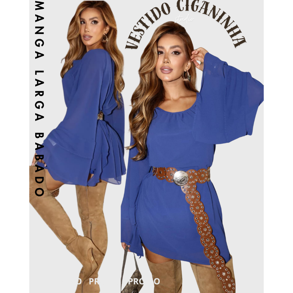 Vestido Curto Ciganinha Feminino  > Babados  Boho Chic Manga Longa Flare con  Forro