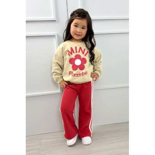 Conjunto Infantil Moletom Térmico Manga Longa Bege Mini Florzinha Flor Calça Flare Vermelho Listras Off
