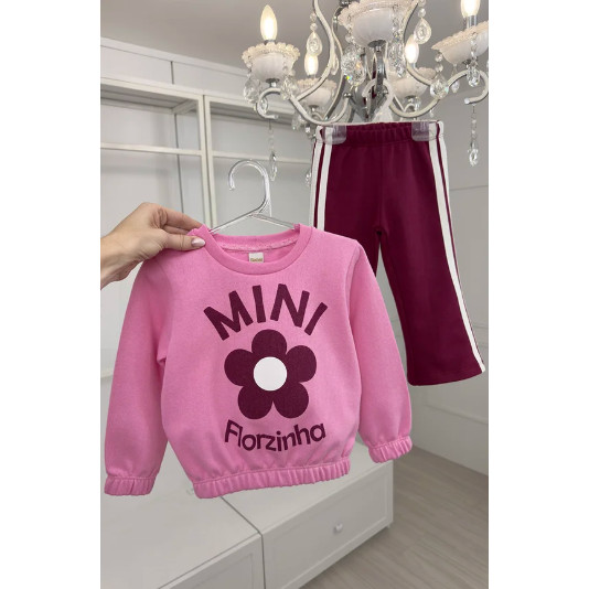 Conjunto Infantil Moletom Térmico Manga Longa Rosa Mini Florzinha Flor Calça Flare Pink Listras
