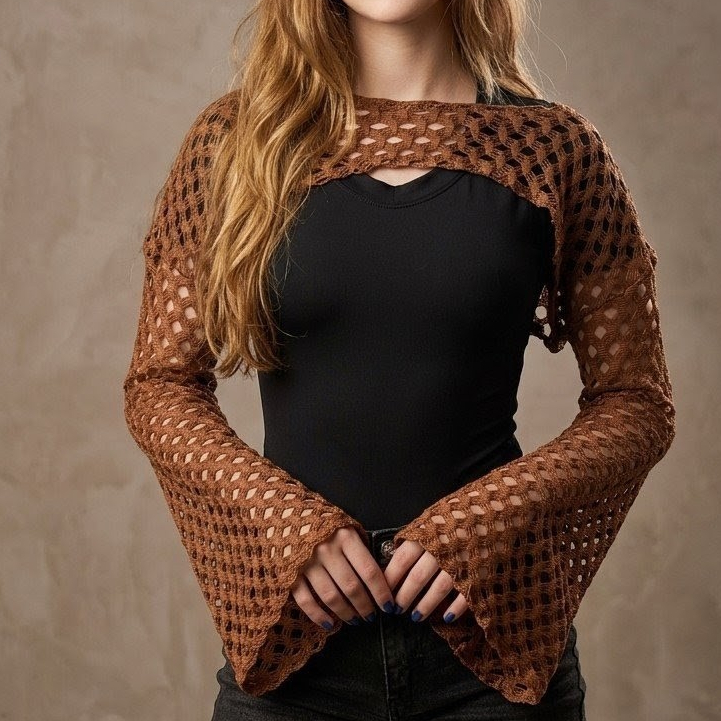 Mini Cropped Top Transparente Sobreposição Manga Longa Flare Sino