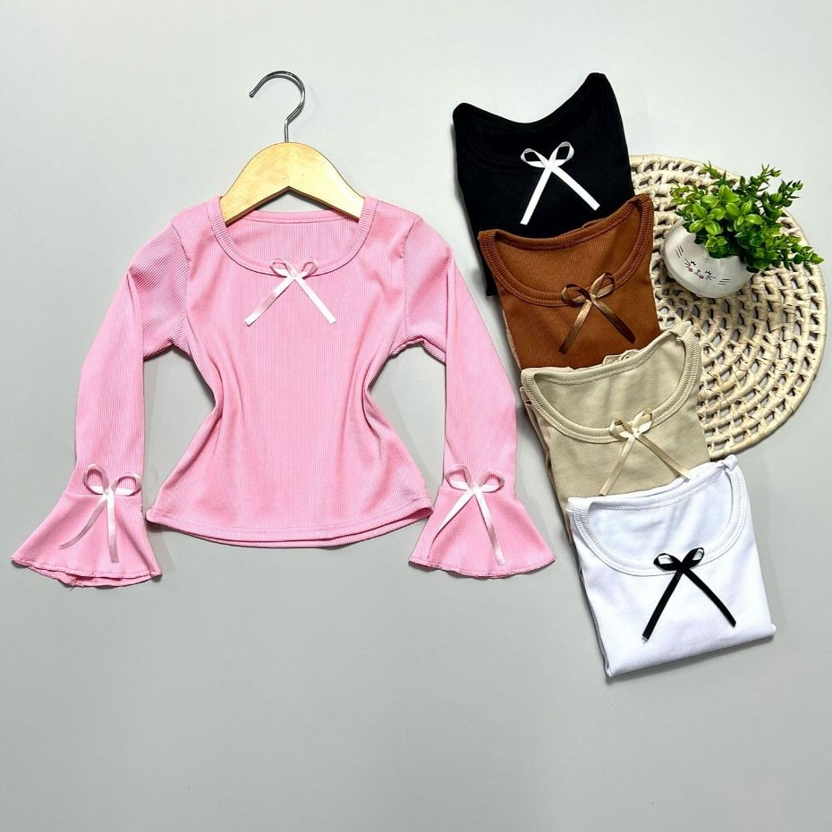 Blusa Infantil de menina manga longa flare com lacinho moda outono inverno mini diva