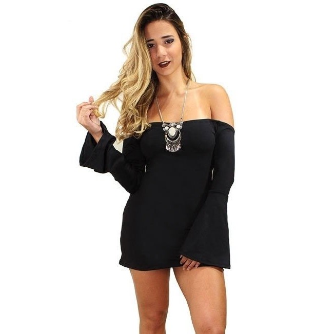 Vestido Curto Ombro a Ombro Manga Longa Flare