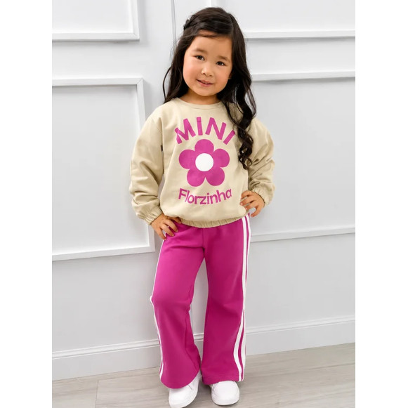 Conjunto Infantil Moletom Térmico Manga Longa Rosa Mini Florzinha Flor Calça Flare Pink Listras