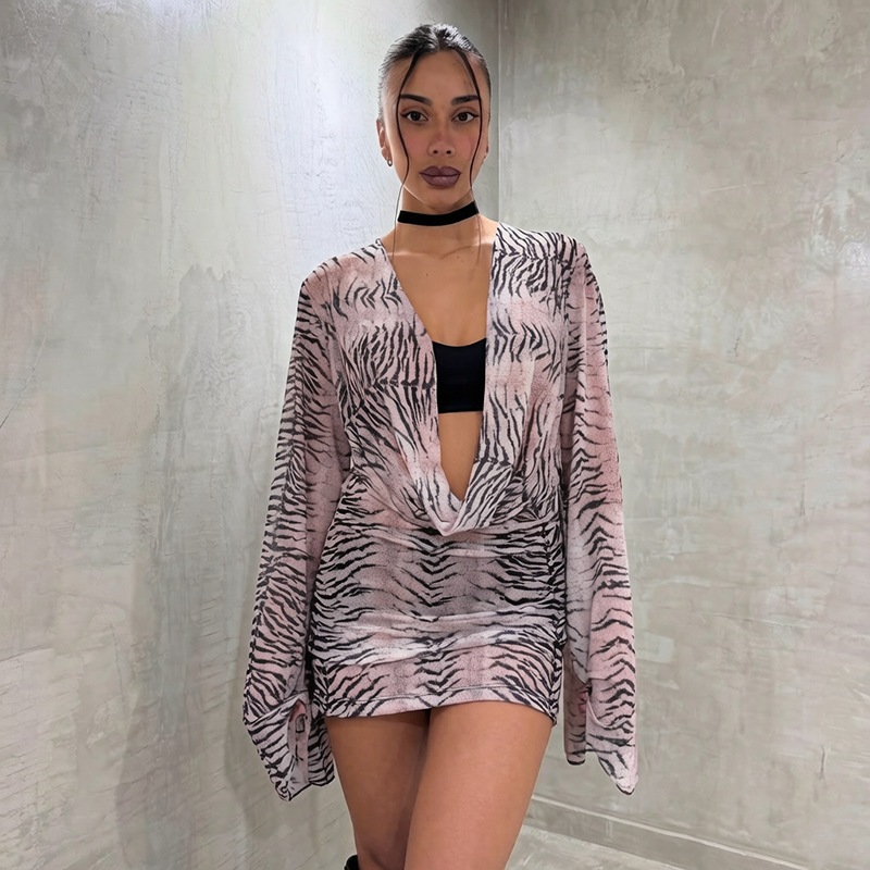 Zebra Print Drapeado V Profundo Manga Longa Flare Malha Mini Bodycon Vestido E Sutiã 2 Peças Roupa De Clube