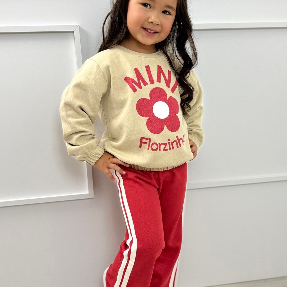 Conjunto Infantil Moletom Térmico Manga Longa Bege Mini Florzinha Flor Calça Flare Vermelho Listras Off