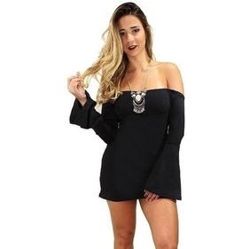 Vestido Curto Ombro A Ombro Manga Longa Flare