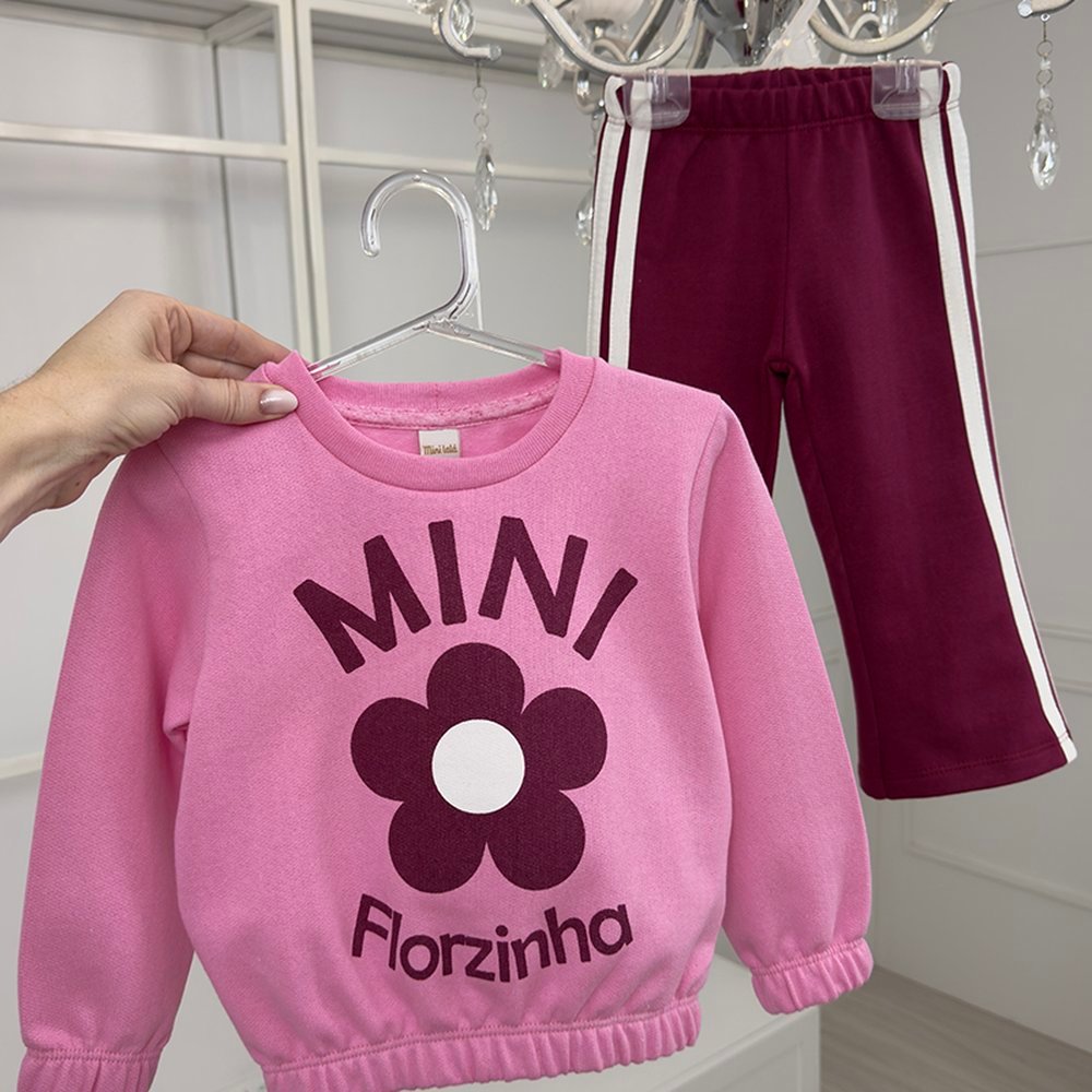 Conjunto Infantil Moletom Térmico Manga Longa Rosa Mini Florzinha Flor Calça Flare Pink Listras