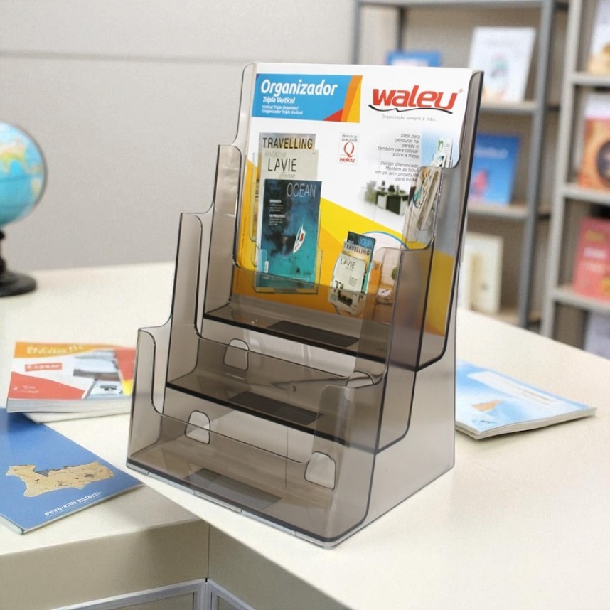 Organizador Mesa Expositor Porta Folhas A4 Triplo Vertical Maxcril Recepção Folheto Catálogo Waleu