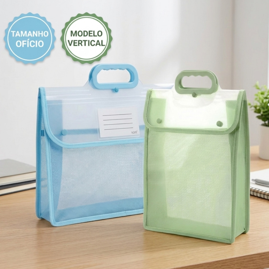 Pasta Maleta Ofício Transparente Com Alça Fecho Botão 2 Divisórias Organizadora Documentos e Folhas