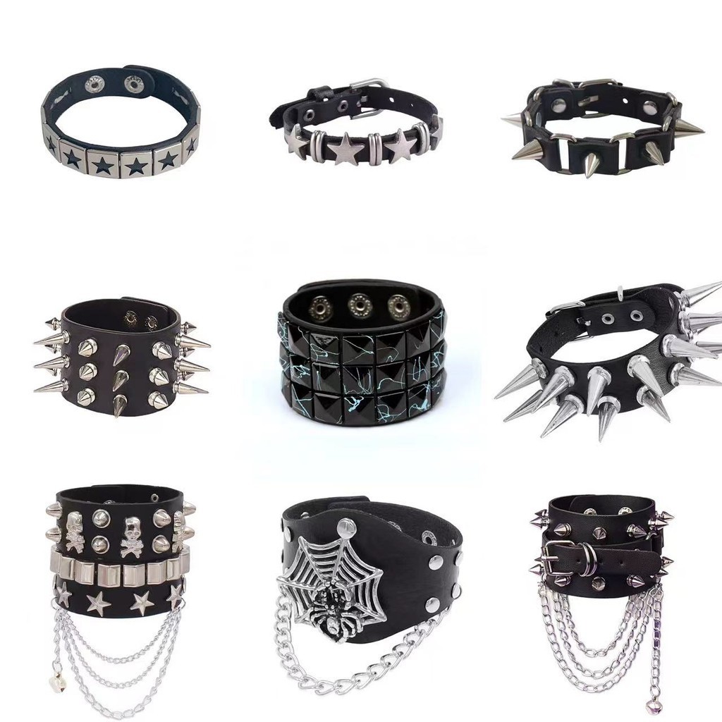 Pulseira Punk Style Leather Wristband Para Homens Star Skull Spider Rivets Tassel Pulseiras Festa Jóias