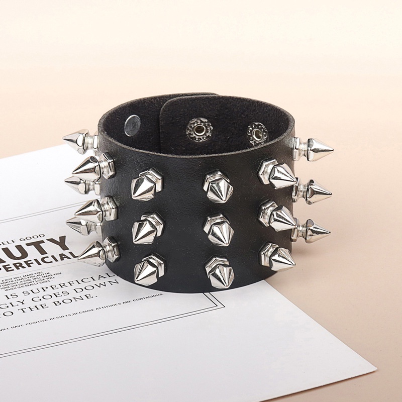 Vintage Gothic Fashion Three Row Spikes Rivet Choker Bracelet Pulseira Exagerada De Couro PU Pulseiras Punk Party Jewelry