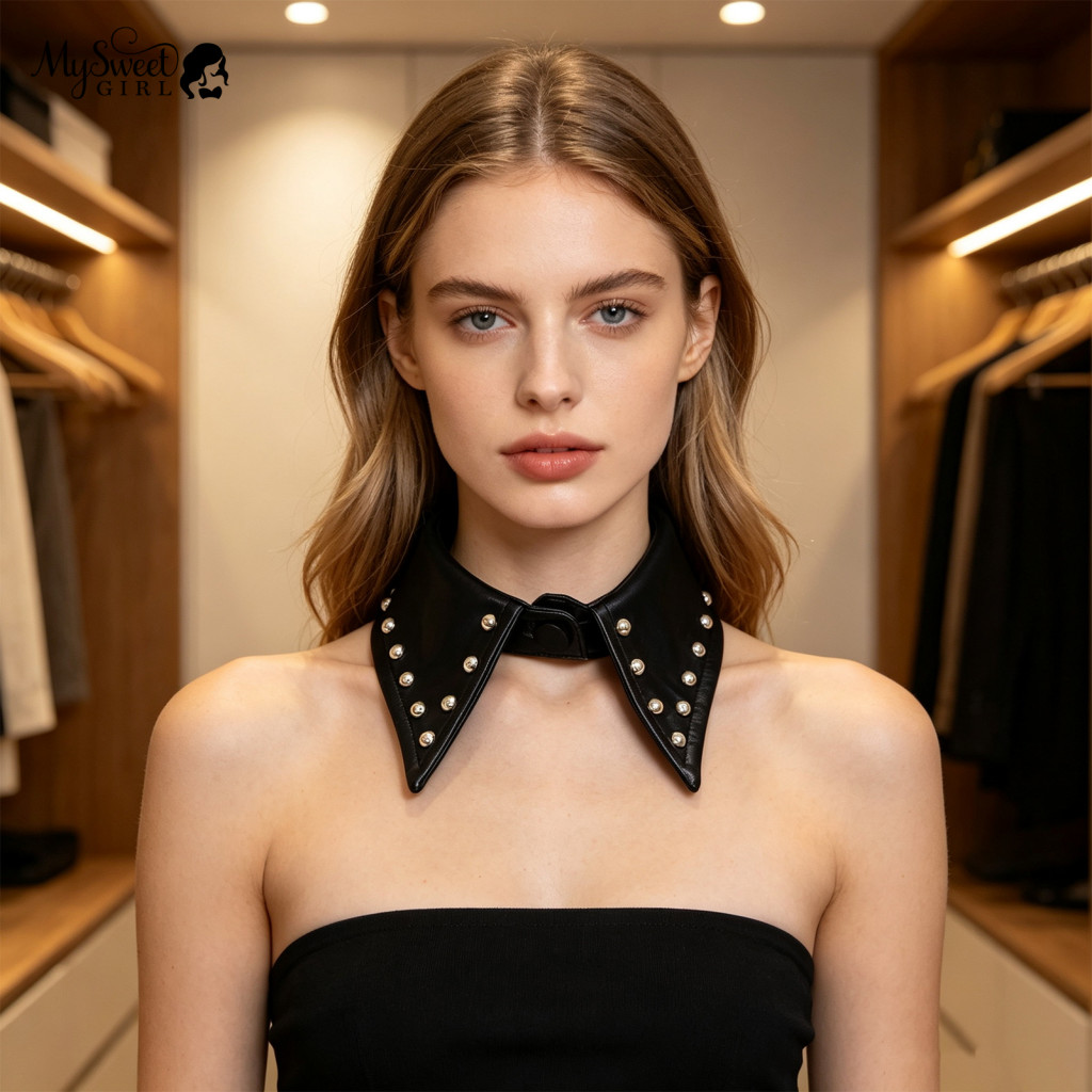 Detachable Rivet Neck Accessory Punk Faux Leather Collar Style Pu Studded for Women – Adjustable Rock Choker Necklace