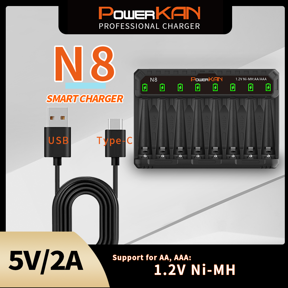 Carregador USB POWERKAN AA/AAA , Status Da Bateria Indicadora LED De Carregamento Independente , Adequado Para Baterias