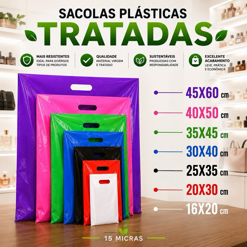 50 Sacolas Plásticas - 16X20 / 20X30 / 25X35 / 30X40 / 40X50 - Loja - Boca de Palhaço Alça Vazada- Presentes