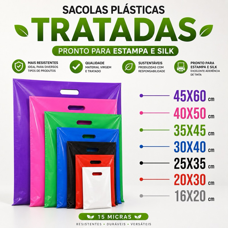 Sacola Boca de Palhaço 1kg Reforçada 15 Micras – Alça Vazada – Várias Cores e Tamanhos 16x20 a 45x60