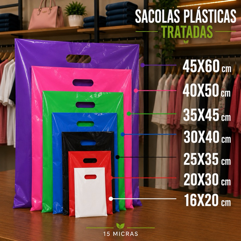 100 Sacolas Plástica - 16x20 20x30 25x35 30x40 35x45 40x50 45x60 Boca de Palhaço Alça Vazada 15 Micras Reforçadas Loja