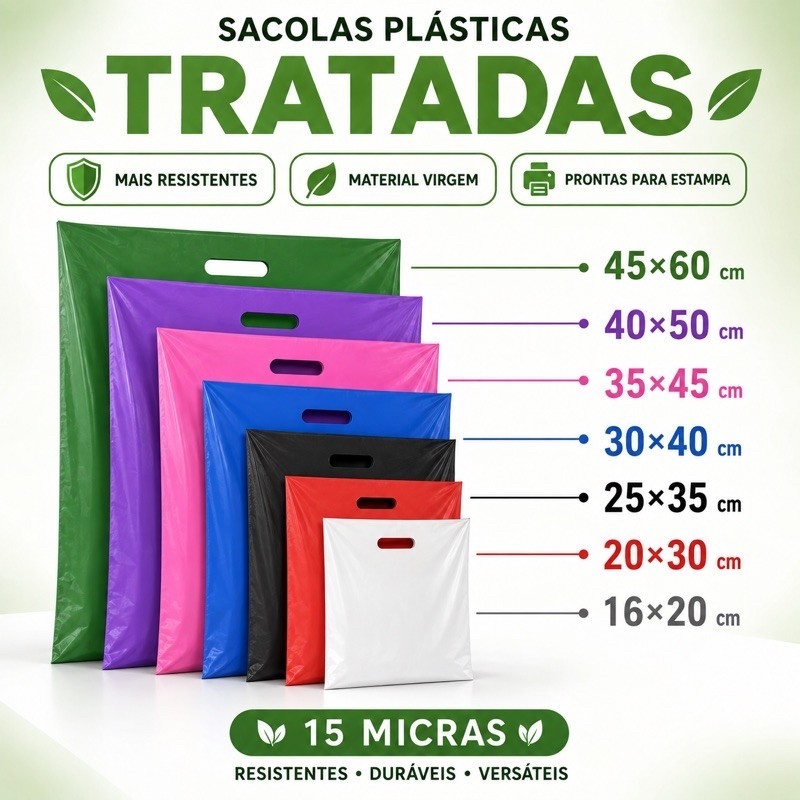 50 Sacolas Plásticas 16X20/20X30/25X35/30X40/40X50 Boca de Palhaço/Alça Vazada