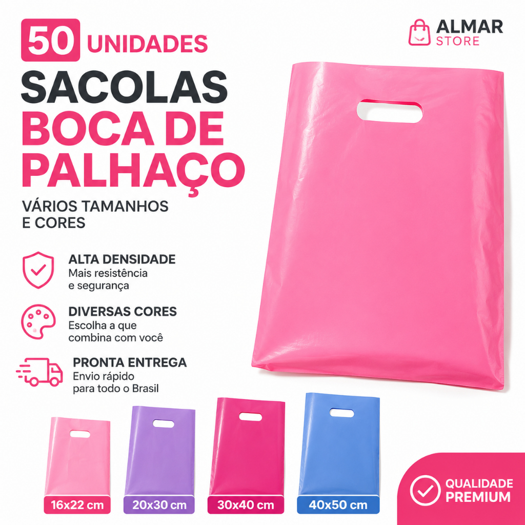 50 Sacolas Boca de Palhaço Alta Densidade 15  Cores Disponíveis 16x20 20x30 30x40 40x50