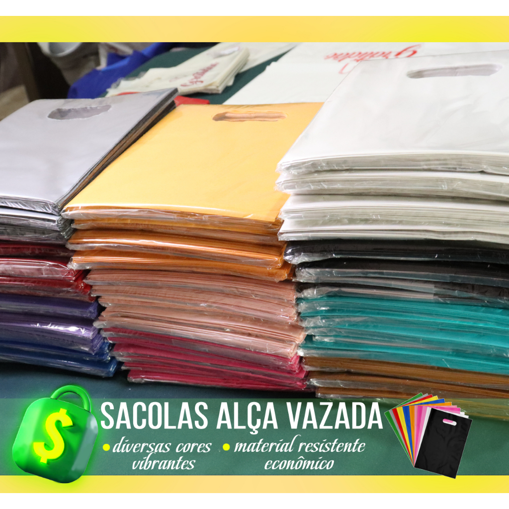 50 Sacolas Plásticas 16x20 Alça Vazada Boca De Palhaço Economicas Várias Cores Envio Imediato