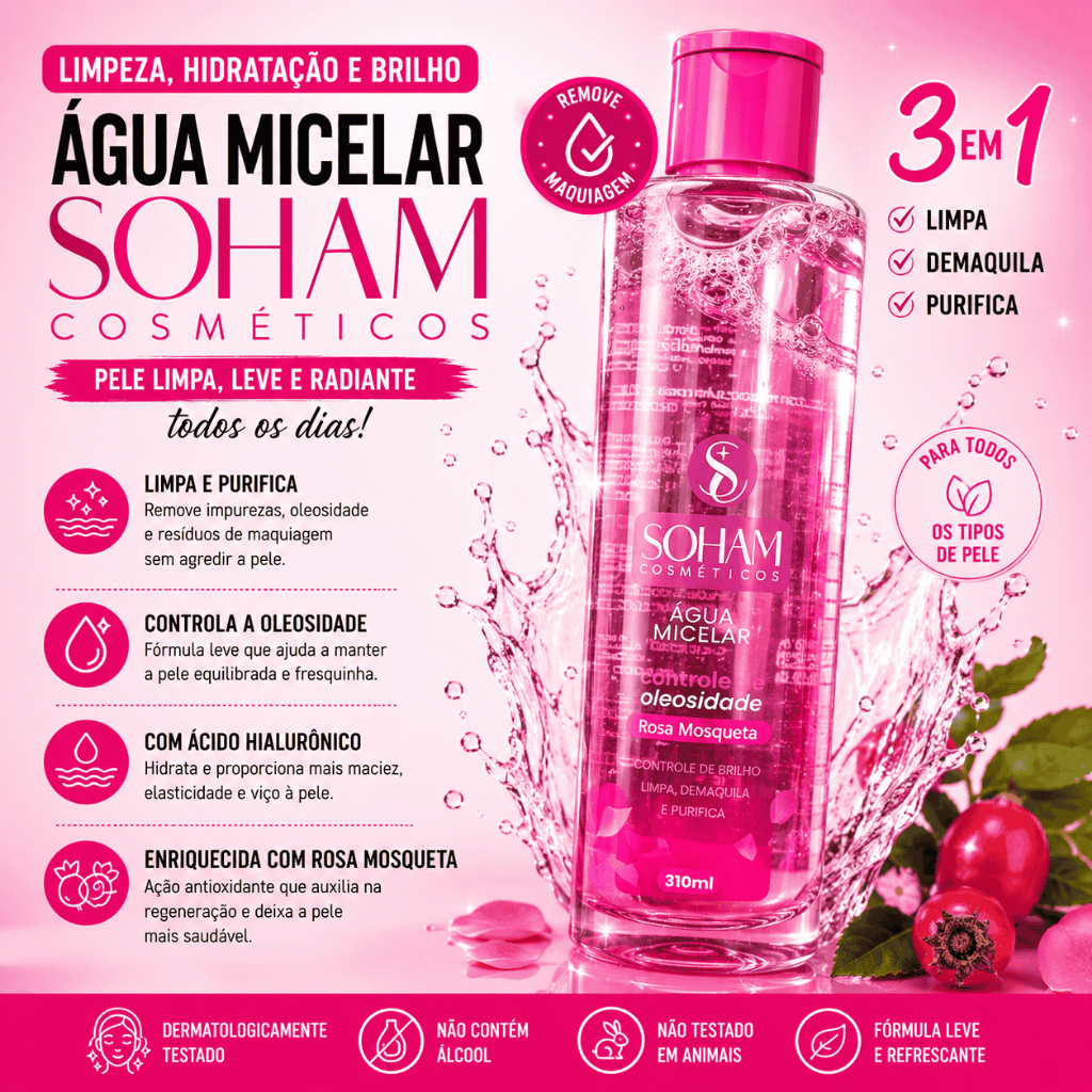 Água Micelar Soham Cosméticos Controle da Oleosidade 310ml