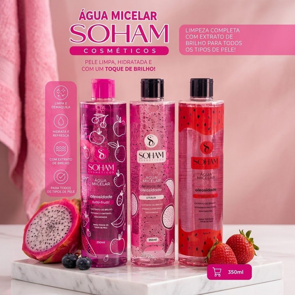Água Micelar Soham Cosméticos - Limpa, Demaquila, Purifica e Controla Oleosidade – 310ml