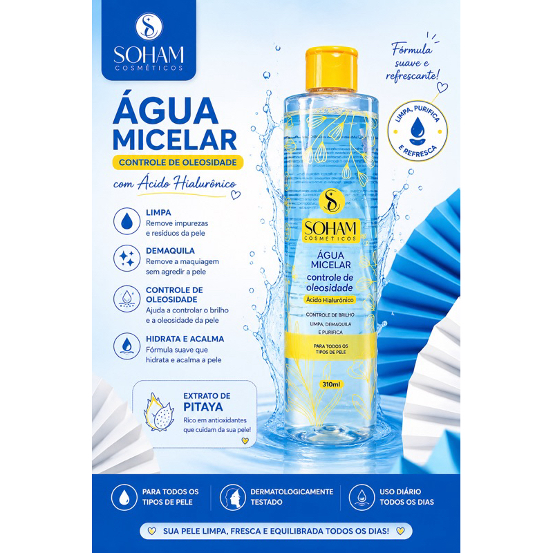 Água Micelar Ácido Hialurônico Soham 310ml — Controle de Oleosidade