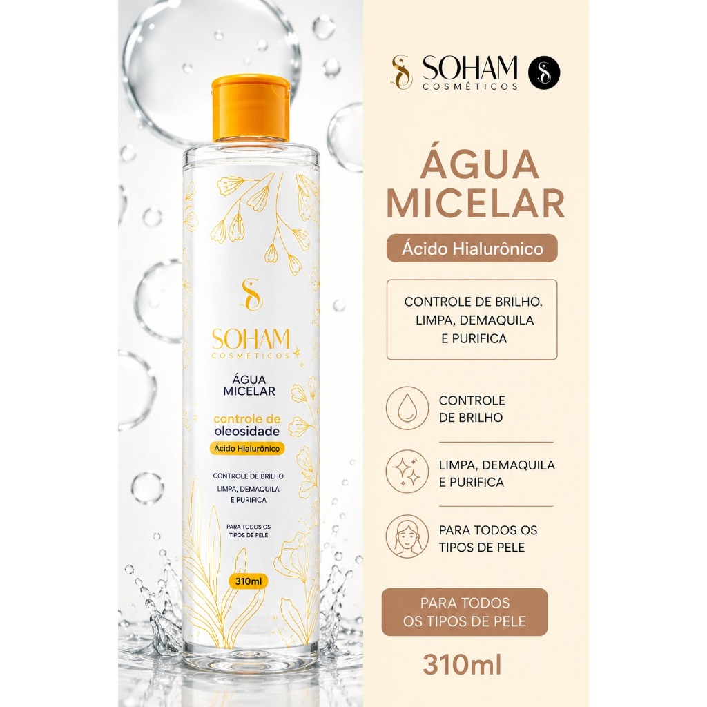 Agua Micelar limpeza facial toque suave vitamina C controle de oliosidade Soham Cosmético Vegano cuidado diário 310ml
