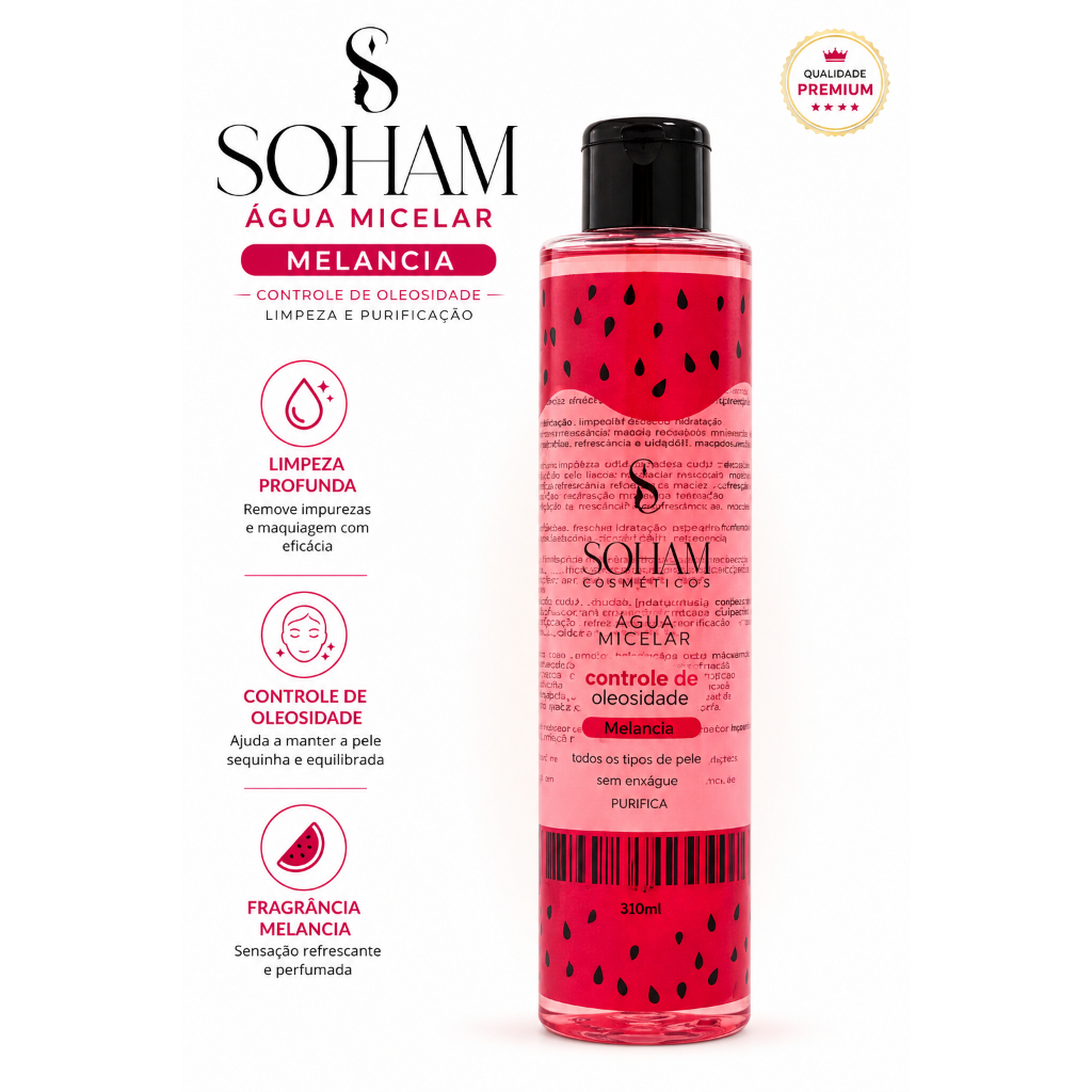 Água Micelar Melancia Soham Cosméticos 310ml Demaquilante Limpeza Facial Controle da Oleosidade