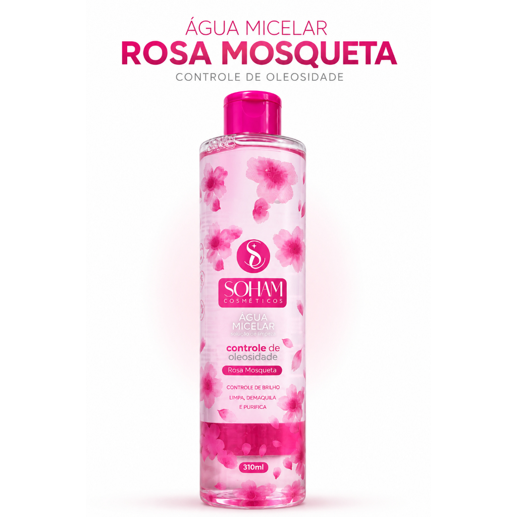 Água Micelar Soham Rosa Mosqueta 310ml Demaquilante Facial Controle da Oleosidade Limpa Purifica Pele Oleosa