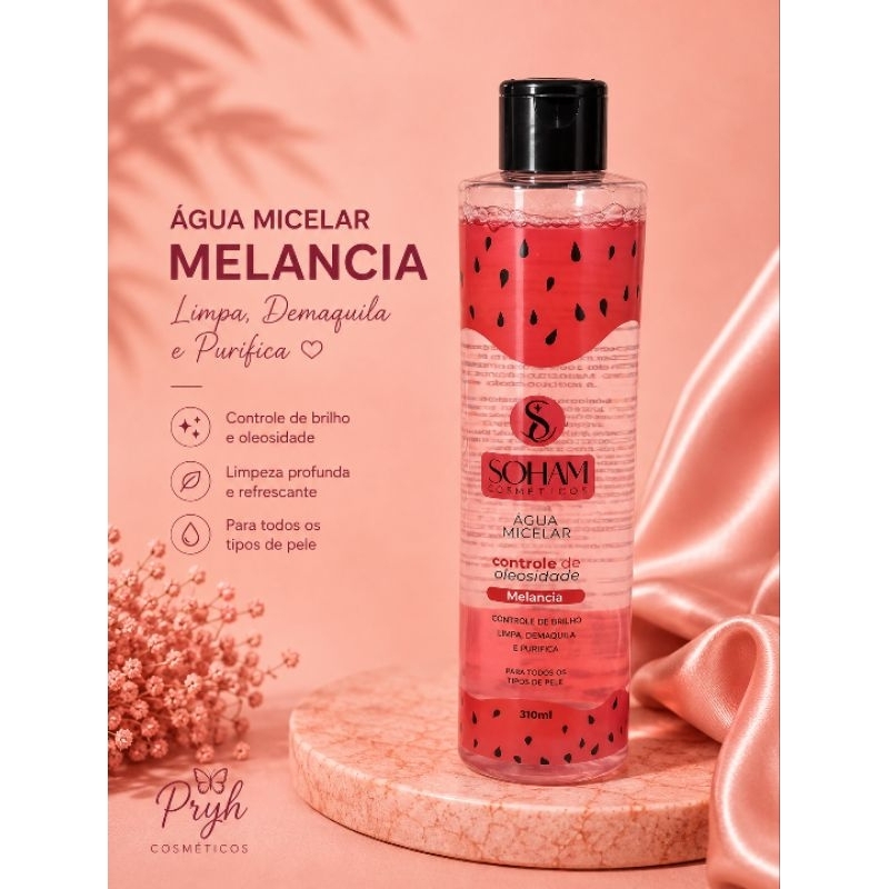 Água Micelar Melancia Soham Cosméticos 310ml Demaquilante Controle Oleosidade