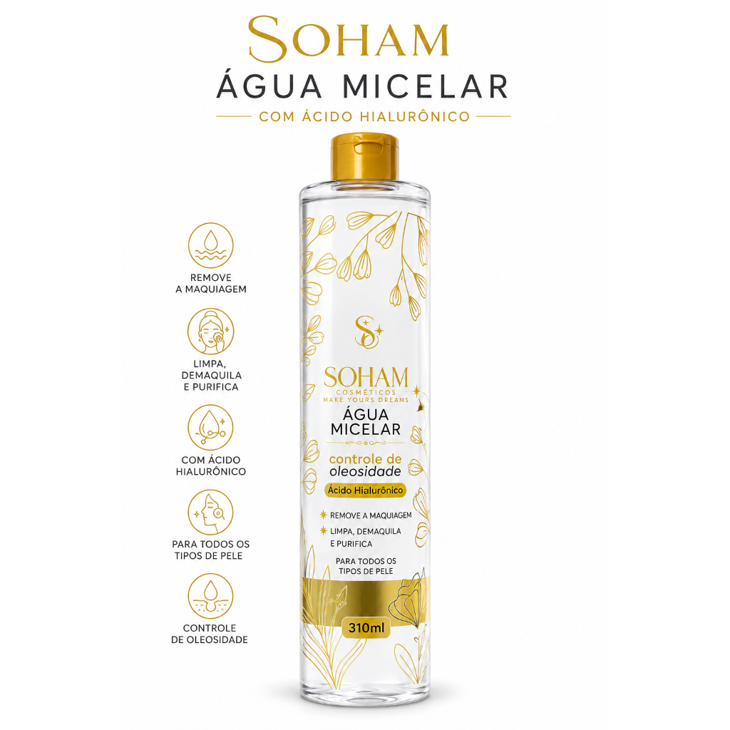Água Micelar Soham Ácido Hialurônico 310ml Controle da Oleosidade Demaquilante Facial