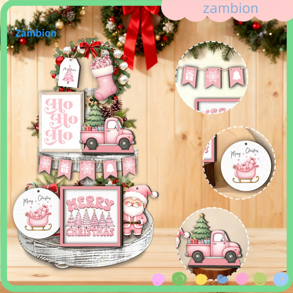 Vintage Plaid Holiday Ornament Set Tiered Tray Display Kit 12pcs Wooden Christmas Hanging Ornaments with Rope – Pink F