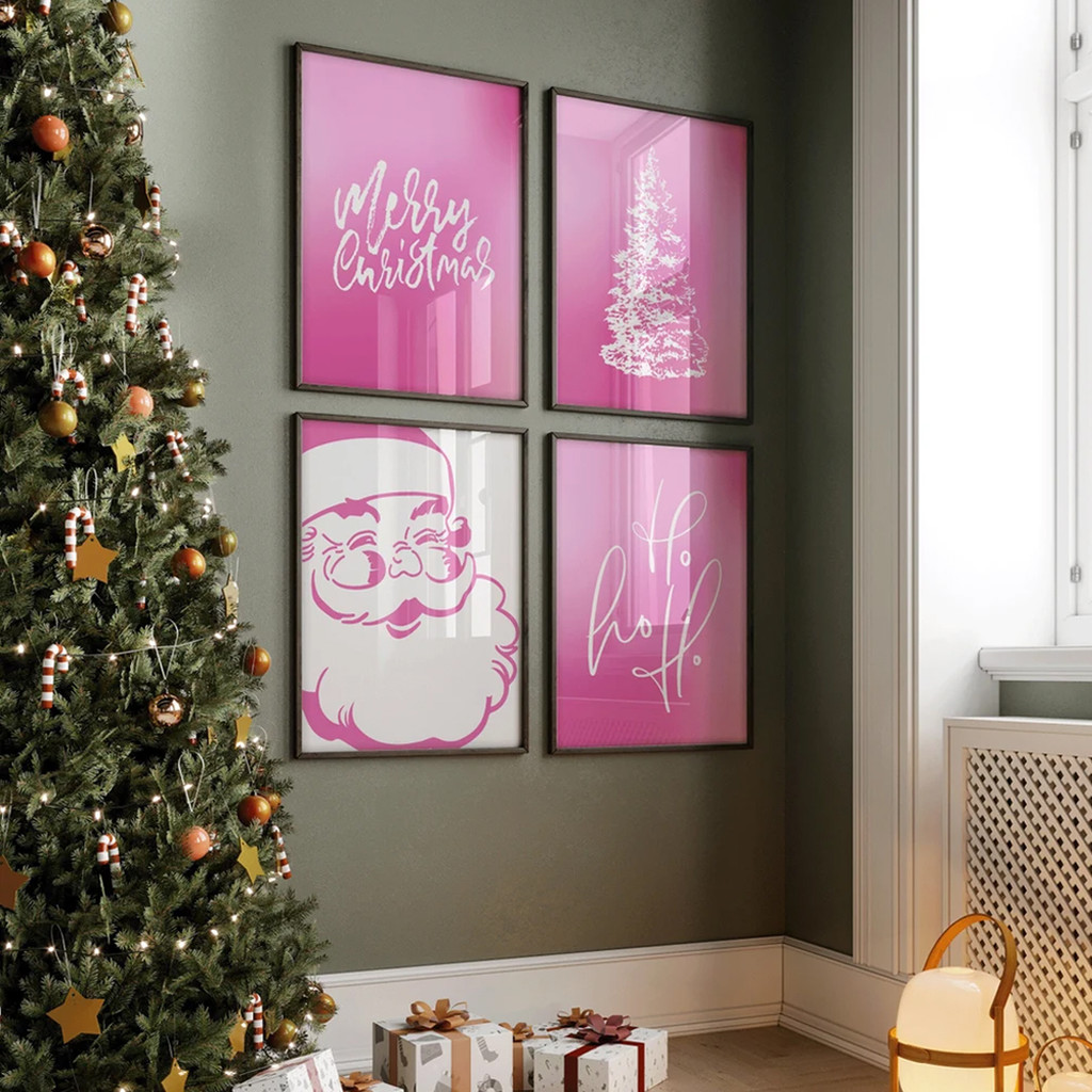Kit 4 Quadros Decorativos Natalino Pink Ho Ho Ho Merry Christmas Decoração Natal