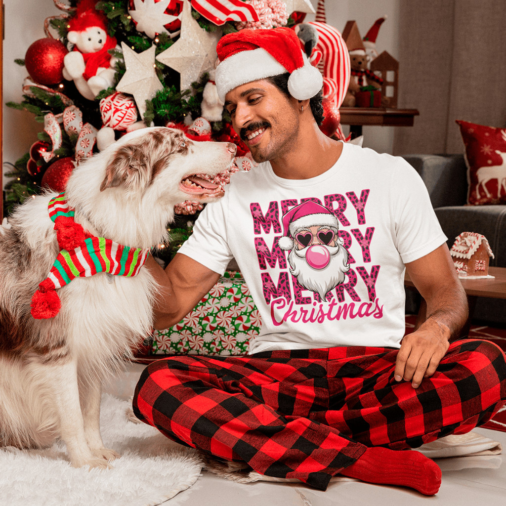 [Camiseta Premium em Algodão Puro]GXG Camiseta Basica de Natal Merry Christmas papai noel Pink em algodao Unissex