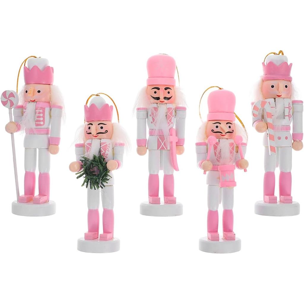 VOSAREA 5pcs Christmas Pink Nutcrackers 5.12 Inch Wooden Nutcrackers Ornaments Pink Hanging Soldier Figures Xmas Tree Ha