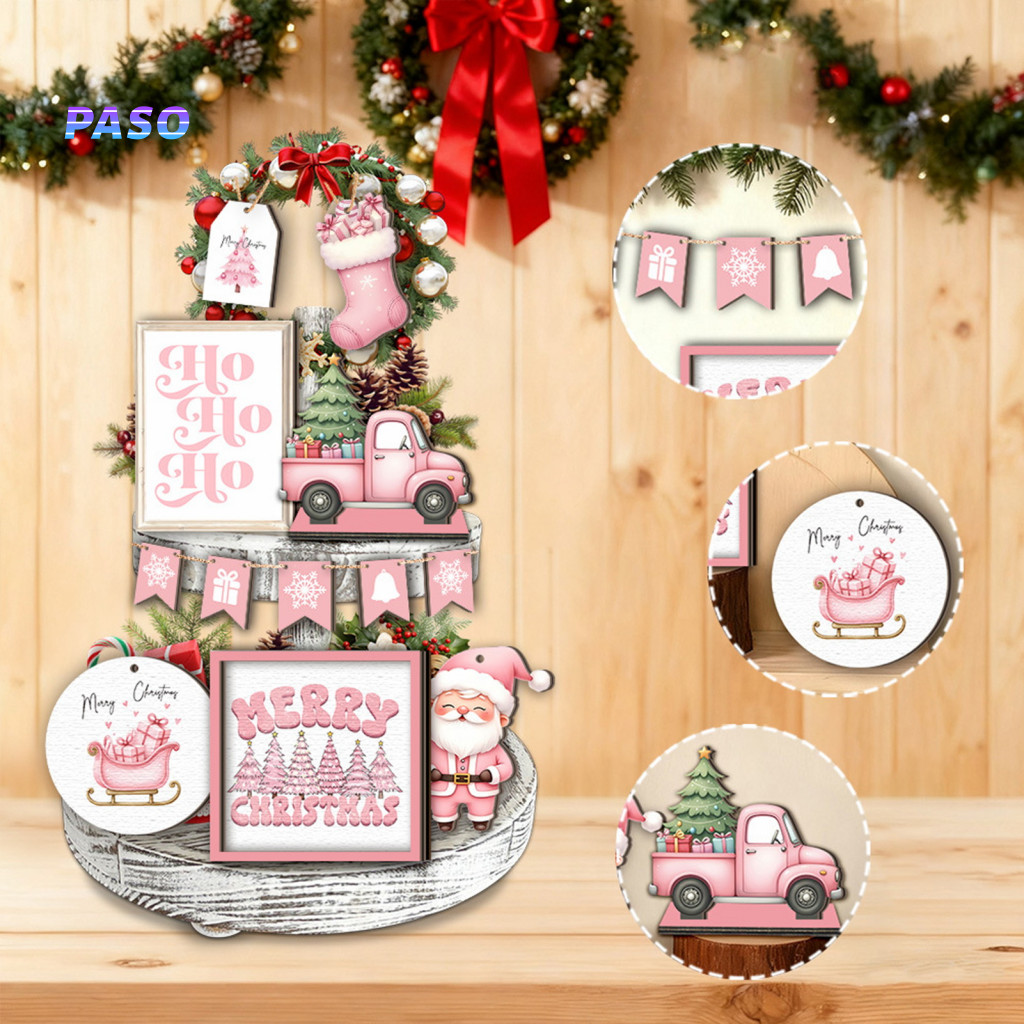 Rustic Wooden Santa Claus Table Sign Tiered Tray Display Kit 12pcs Christmas Hanging Ornaments with Rope – Pink Plaid