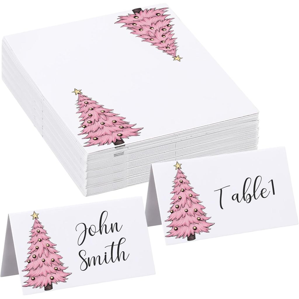 Fumete 100 Pcs Christmas Place Cards for Table Setting Pink Christmas Tree Name Place Cards Tented Folded Name Place Car