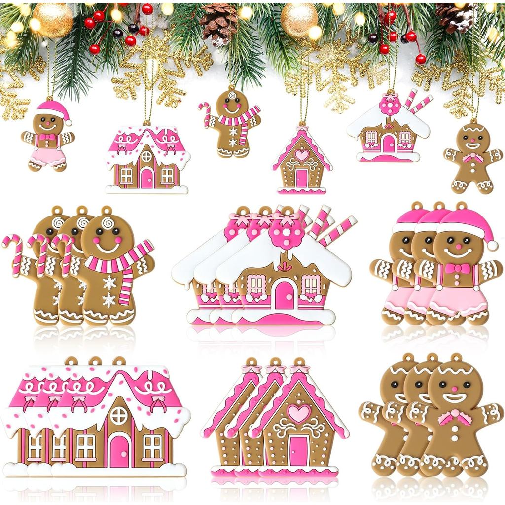 18 Pcs Pink Gingerbread Man Ornaments for Christmas Tree Pink Gingerbread House Candy Cane Pendant Charm Cute Plastic Ch