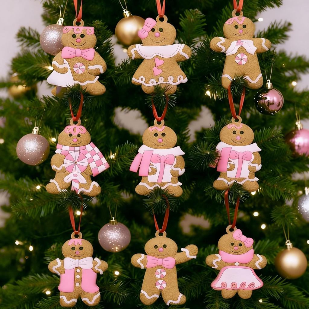 Mimorou 32 Pcs Pink Gingerbread Man Christmas Tree Decorations Pastel Gingerbread Christmas Hanging Decorations Soft PVC