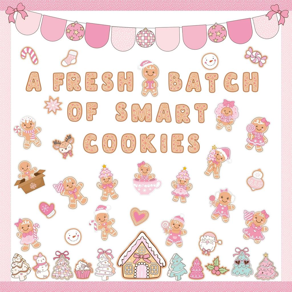 145Pcs Christmas Pink Gingerbread Man Bulletin Board Decoration Set, Cute Pink Xmas Paper Cutouts Cookie Name Tags Borde