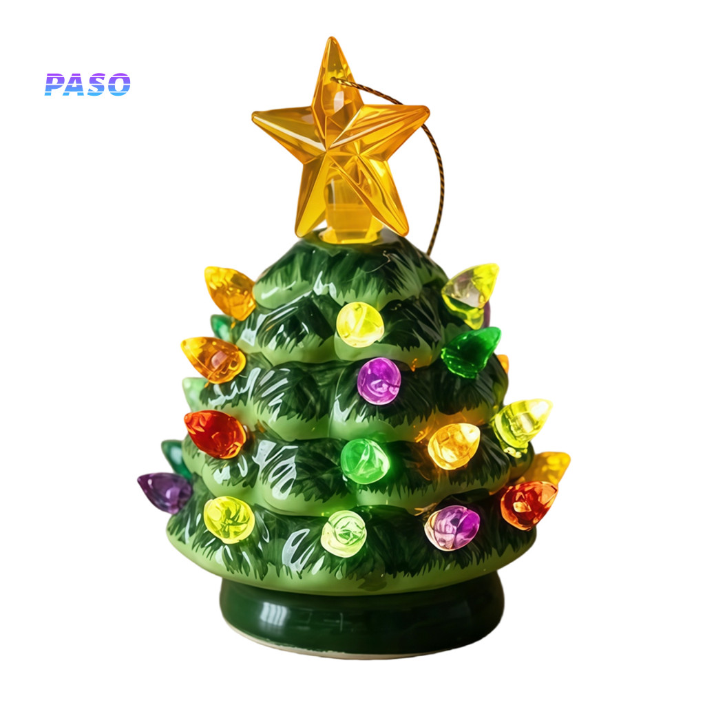 Pink and Green Holiday Accents Retro Desktop Xmas Ornaments Glowing Resin Christmas Tree Ornament with Star Topper – V