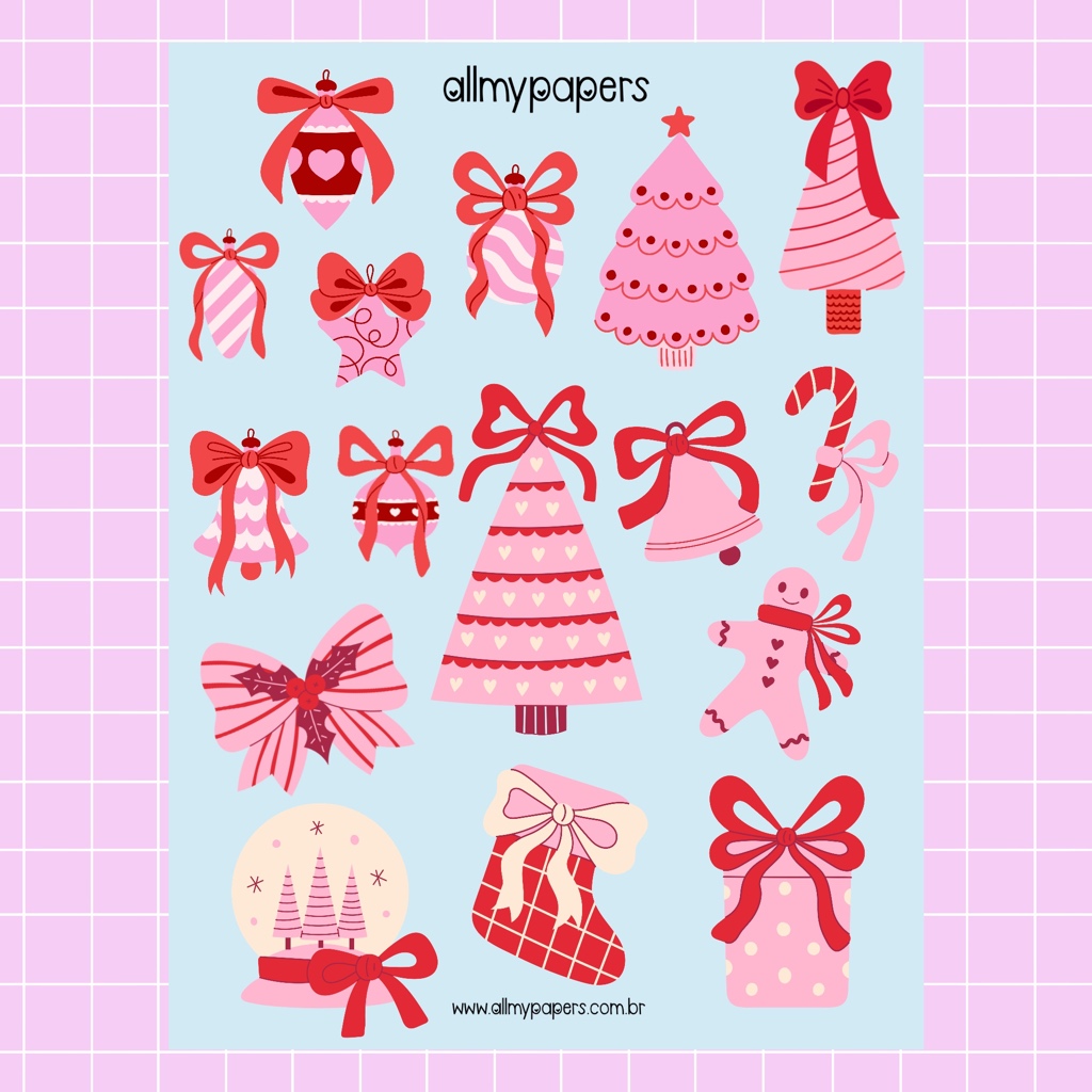 Cartela de Adesivos para Planner Bujo Journal Colagem Scrapbook Kindle - All My Papers Pink Christmas Natal Rosa