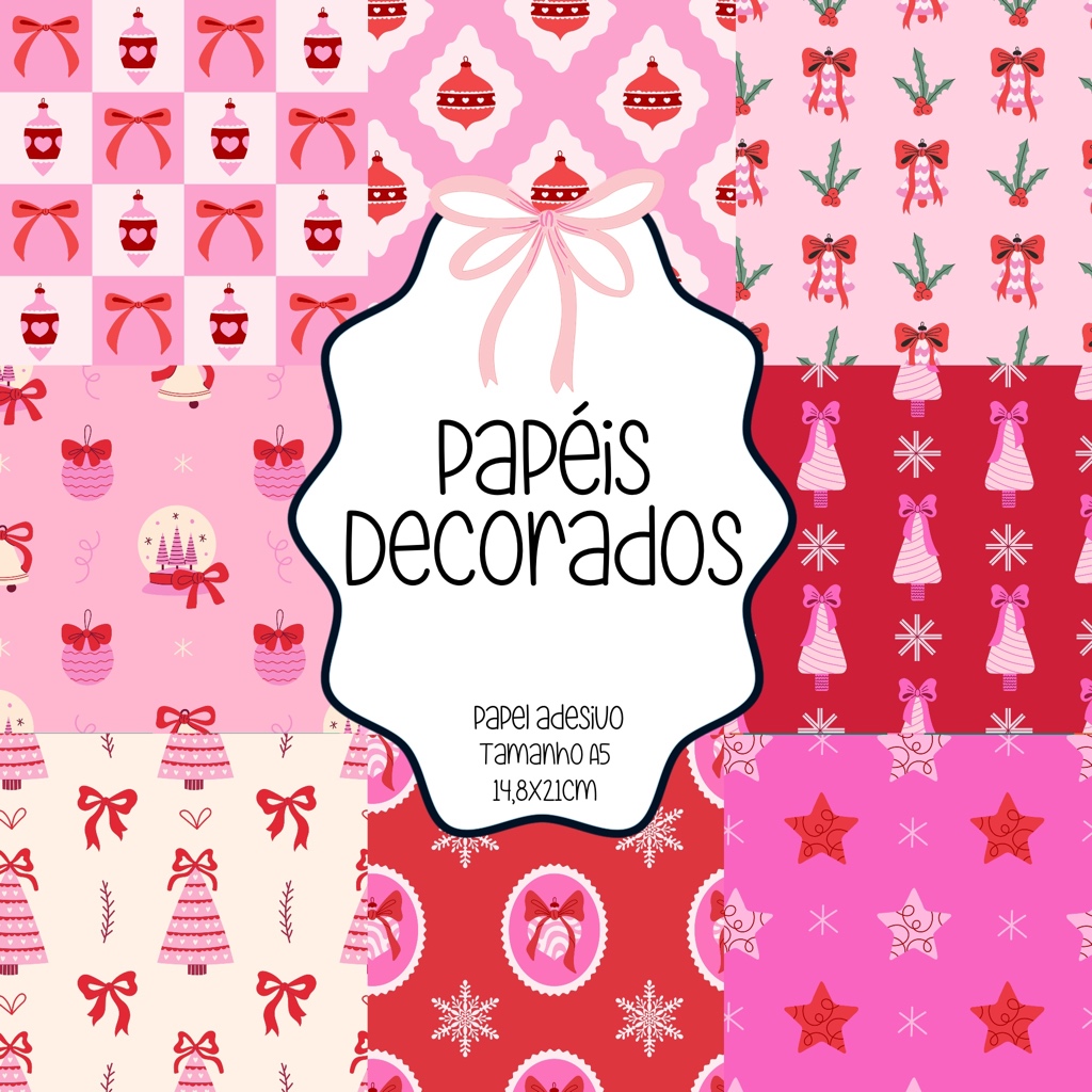 Papéis Decorados Adesivo scrapbook, colagens, planners e journaling - Tamanho A5 - All My Papers Pink Christmas Natal