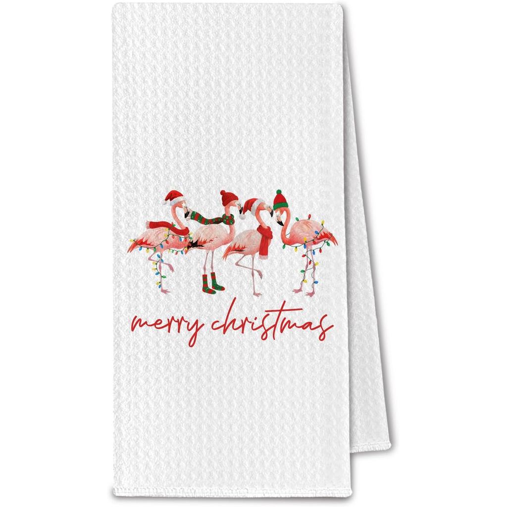 Flamingo Christmas Kitchen Towels, Pink Flamingo Gifts Dish Towels Drying Cloth for Kitchen, Holiday Xmas Tropical Bird