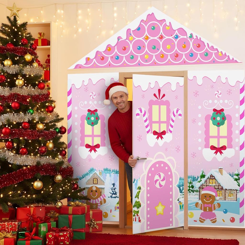 4 Pcs Christmas Gingerbread House Decorations Backdrop Set Pink Gingerbread Door Covers Backdrop Xmas Wall Decor Christm