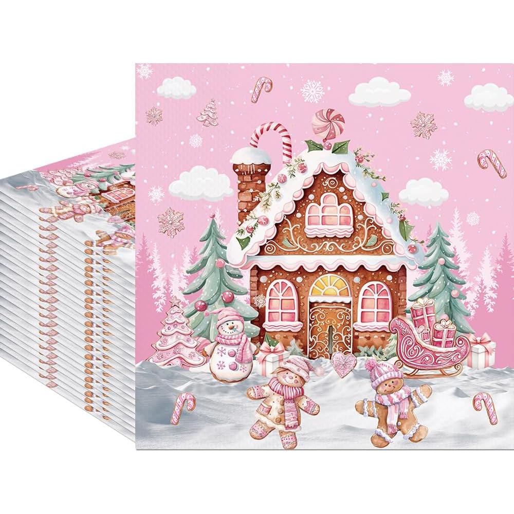 80Pcs Pink Gingerbread House Paper Napkins Christmas Cute Gingerbread Disposable Napkins Xmas Candy House Printed Decora