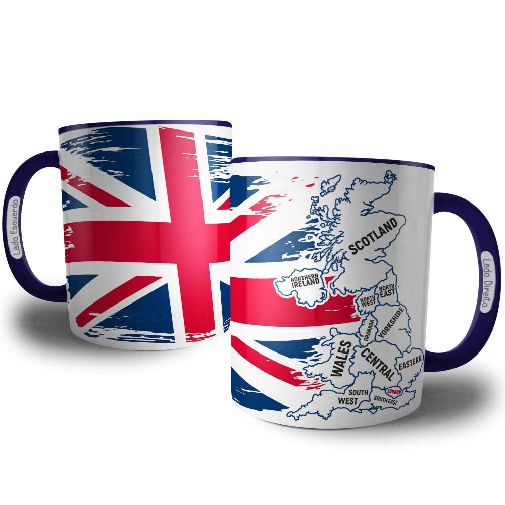 Caneca Bandeira do Reino Unido com Mapa Impresso para Colorir Presente Lembrança Souvenir Viagem UK