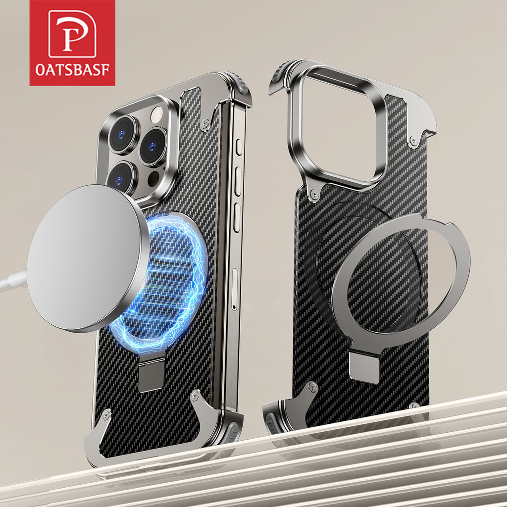 Oatsbasf Metal Borderless Bumper Padrão De Fibra De Carbono Capa De Telefone Com Suporte Embutido Para IPhone 15 Pro