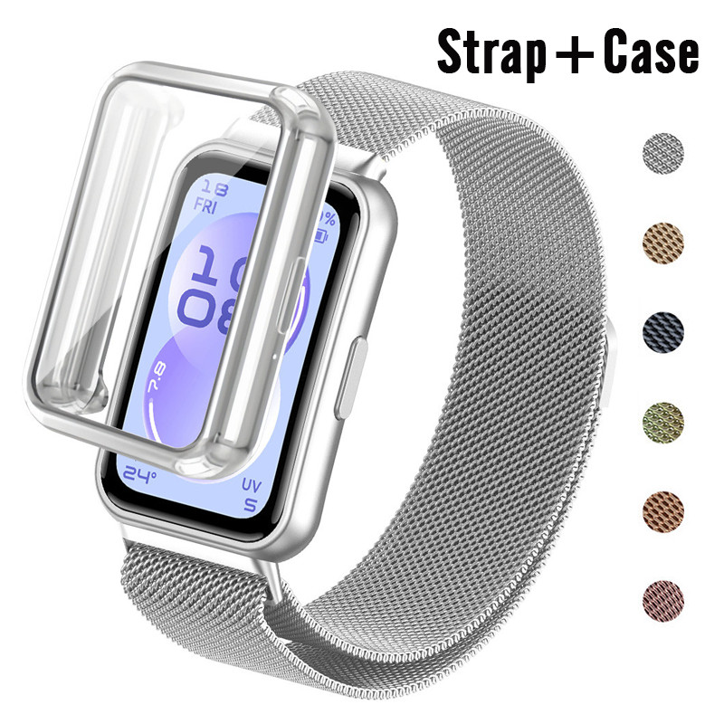 Pulseira Metal Aço De Capinha Capa TPU Para Relógio Huawei Band 10 9 8 NFC Strap Milanese Case Capinha Bumper
